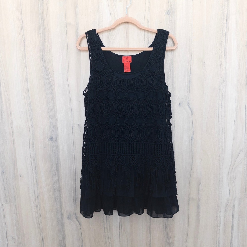 Cristina V Womens Crochet Tunic Top M Black Tiered Ruffle Boho Romantic Goth Y2K